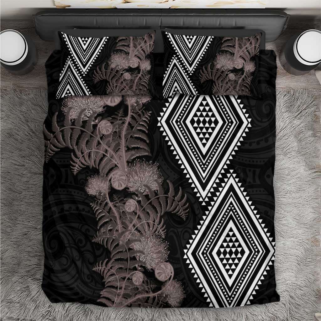 Aotearoa Tukutuku Motif Bedding Set Pohutukawa and Fern Leaves Grayscale Color