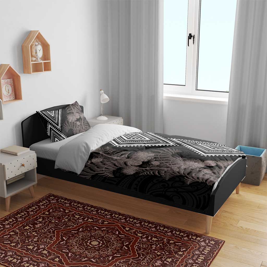 Aotearoa Tukutuku Motif Bedding Set Pohutukawa and Fern Leaves Grayscale Color