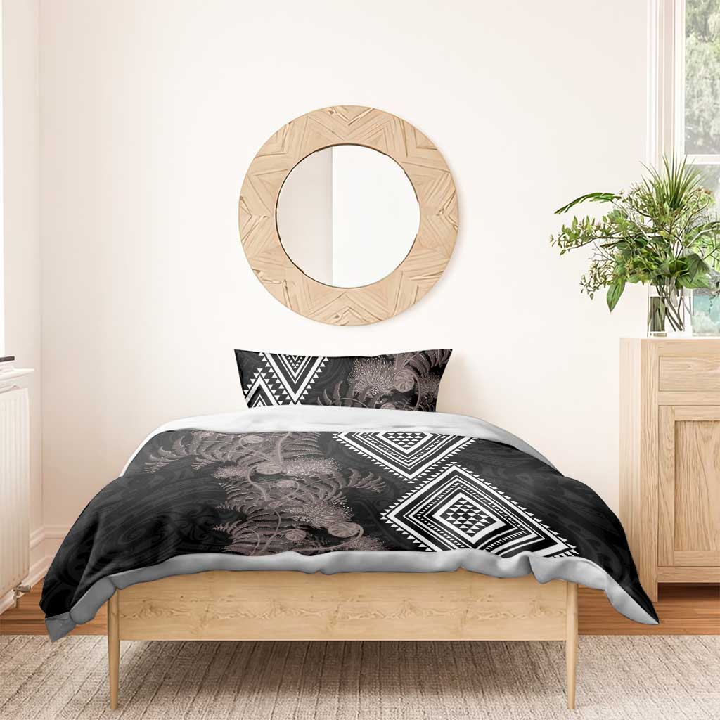 Aotearoa Tukutuku Motif Bedding Set Pohutukawa and Fern Leaves Grayscale Color
