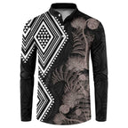 Aotearoa Tukutuku Motif Button Sweatshirt Pohutukawa and Fern Leaves Grayscale Color