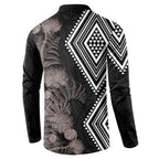 Aotearoa Tukutuku Motif Button Sweatshirt Pohutukawa and Fern Leaves Grayscale Color