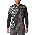 Aotearoa Tukutuku Motif Button Sweatshirt Pohutukawa and Fern Leaves Grayscale Color