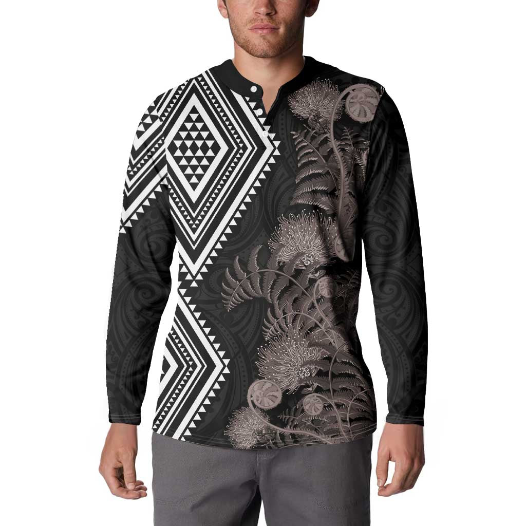Aotearoa Tukutuku Motif Button Sweatshirt Pohutukawa and Fern Leaves Grayscale Color