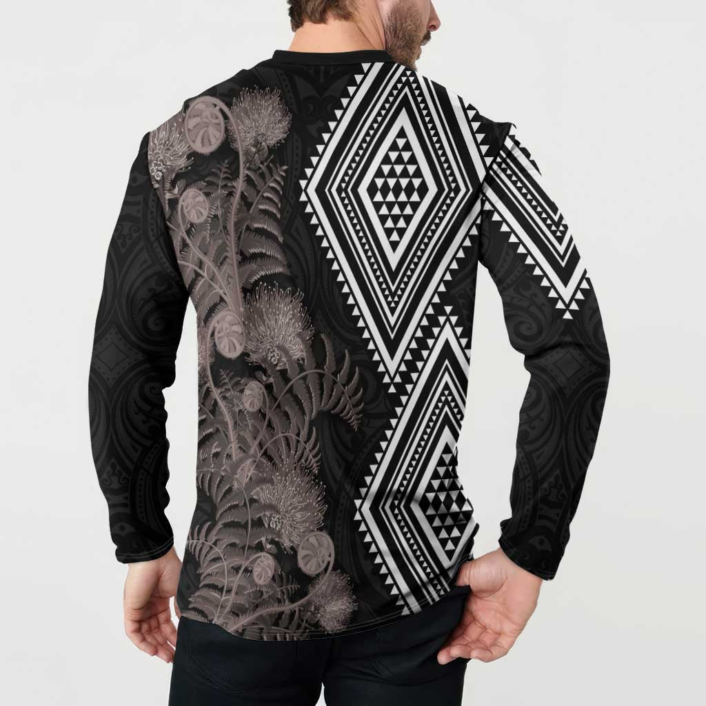 Aotearoa Tukutuku Motif Button Sweatshirt Pohutukawa and Fern Leaves Grayscale Color