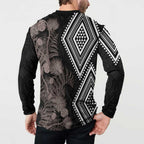 Aotearoa Tukutuku Motif Button Sweatshirt Pohutukawa and Fern Leaves Grayscale Color