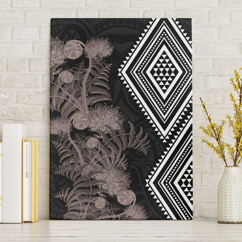 Aotearoa Tukutuku Motif Canvas Wall Art Pohutukawa and Fern Leaves Grayscale Color