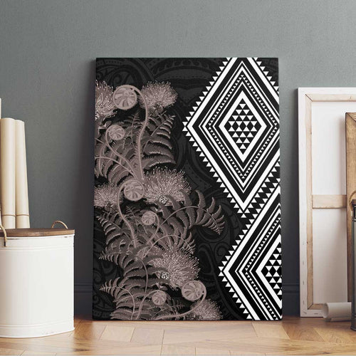 Aotearoa Tukutuku Motif Canvas Wall Art Pohutukawa and Fern Leaves Grayscale Color
