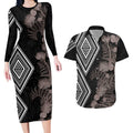 Aotearoa Tukutuku Motif Couples Matching Long Sleeve Bodycon Dress and Hawaiian Shirt Pohutukawa and Fern Leaves Grayscale Color