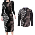 Aotearoa Tukutuku Motif Couples Matching Long Sleeve Bodycon Dress and Long Sleeve Button Shirt Pohutukawa and Fern Leaves Grayscale Color
