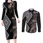 Aotearoa Tukutuku Motif Couples Matching Long Sleeve Bodycon Dress and Long Sleeve Button Shirt Pohutukawa and Fern Leaves Grayscale Color
