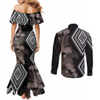Aotearoa Tukutuku Motif Couples Matching Mermaid Dress and Long Sleeve Button Shirt Pohutukawa and Fern Leaves Grayscale Color