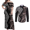 Aotearoa Tukutuku Motif Couples Matching Off Shoulder Maxi Dress and Long Sleeve Button Shirt Pohutukawa and Fern Leaves Grayscale Color