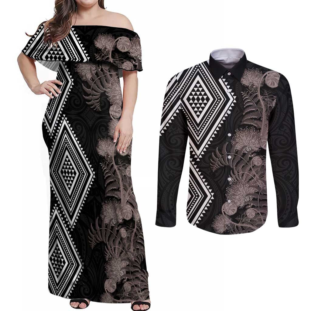 Aotearoa Tukutuku Motif Couples Matching Off Shoulder Maxi Dress and Long Sleeve Button Shirt Pohutukawa and Fern Leaves Grayscale Color