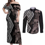 Aotearoa Tukutuku Motif Couples Matching Off Shoulder Maxi Dress and Long Sleeve Button Shirt Pohutukawa and Fern Leaves Grayscale Color