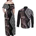 Aotearoa Tukutuku Motif Couples Matching Off Shoulder Maxi Dress and Long Sleeve Button Shirt Pohutukawa and Fern Leaves Grayscale Color