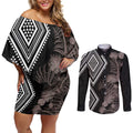 Aotearoa Tukutuku Motif Couples Matching Off Shoulder Short Dress and Long Sleeve Button Shirt Pohutukawa and Fern Leaves Grayscale Color