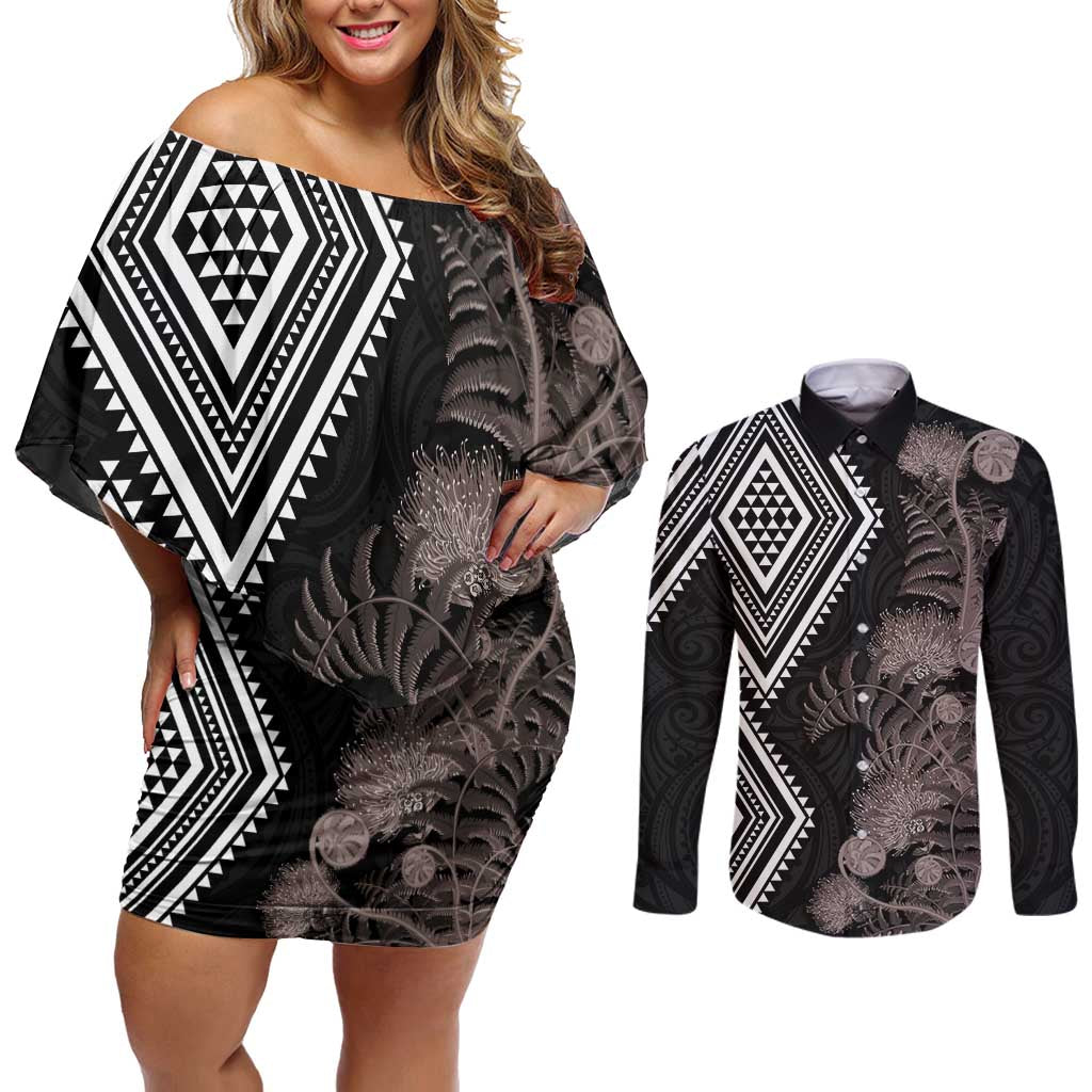 Aotearoa Tukutuku Motif Couples Matching Off Shoulder Short Dress and Long Sleeve Button Shirt Pohutukawa and Fern Leaves Grayscale Color