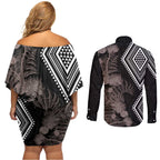 Aotearoa Tukutuku Motif Couples Matching Off Shoulder Short Dress and Long Sleeve Button Shirt Pohutukawa and Fern Leaves Grayscale Color