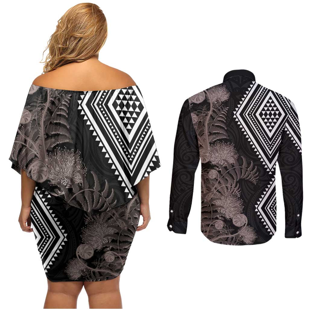 Aotearoa Tukutuku Motif Couples Matching Off Shoulder Short Dress and Long Sleeve Button Shirt Pohutukawa and Fern Leaves Grayscale Color