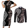 Aotearoa Tukutuku Motif Couples Matching Short Sleeve Bodycon Dress and Long Sleeve Button Shirt Pohutukawa and Fern Leaves Grayscale Color