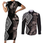 Aotearoa Tukutuku Motif Couples Matching Short Sleeve Bodycon Dress and Long Sleeve Button Shirt Pohutukawa and Fern Leaves Grayscale Color