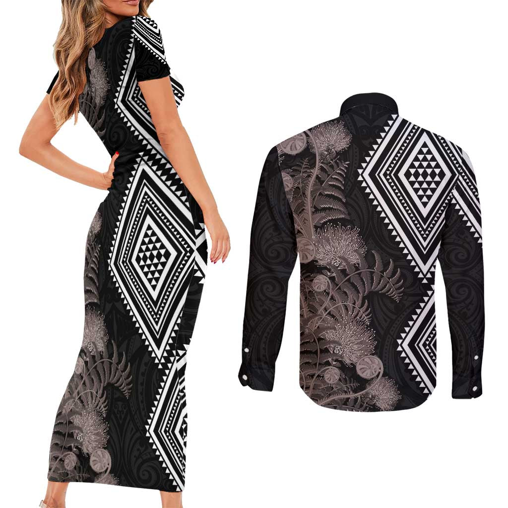 Aotearoa Tukutuku Motif Couples Matching Short Sleeve Bodycon Dress and Long Sleeve Button Shirt Pohutukawa and Fern Leaves Grayscale Color