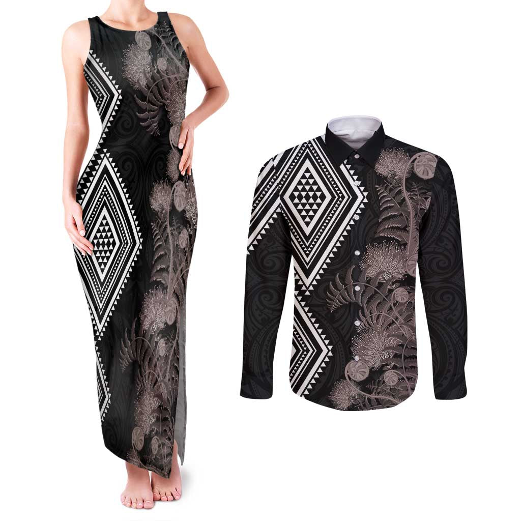 Aotearoa Tukutuku Motif Couples Matching Tank Maxi Dress and Long Sleeve Button Shirt Pohutukawa and Fern Leaves Grayscale Color
