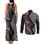 Aotearoa Tukutuku Motif Couples Matching Tank Maxi Dress and Long Sleeve Button Shirt Pohutukawa and Fern Leaves Grayscale Color