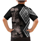 Aotearoa Tukutuku Motif Family Matching Mermaid Dress and Hawaiian Shirt Pohutukawa and Fern Leaves Grayscale Color