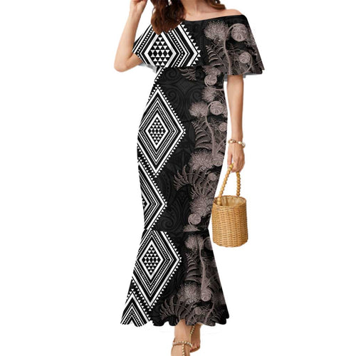 Aotearoa Tukutuku Motif Family Matching Mermaid Dress and Hawaiian Shirt Pohutukawa and Fern Leaves Grayscale Color