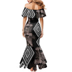 Aotearoa Tukutuku Motif Family Matching Mermaid Dress and Hawaiian Shirt Pohutukawa and Fern Leaves Grayscale Color