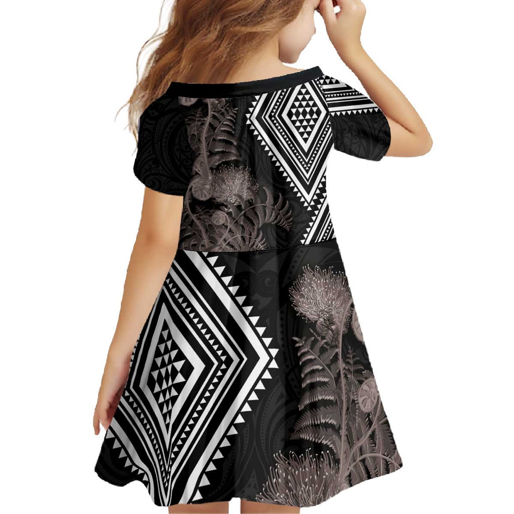 Aotearoa Tukutuku Motif Family Matching Off The Shoulder Long Sleeve Dress and Hawaiian Shirt Pohutukawa and Fern Leaves Grayscale Color