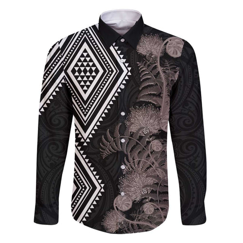 Aotearoa Tukutuku Motif Family Matching Off The Shoulder Long Sleeve Dress and Hawaiian Shirt Pohutukawa and Fern Leaves Grayscale Color