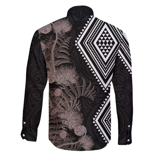 Aotearoa Tukutuku Motif Family Matching Off The Shoulder Long Sleeve Dress and Hawaiian Shirt Pohutukawa and Fern Leaves Grayscale Color