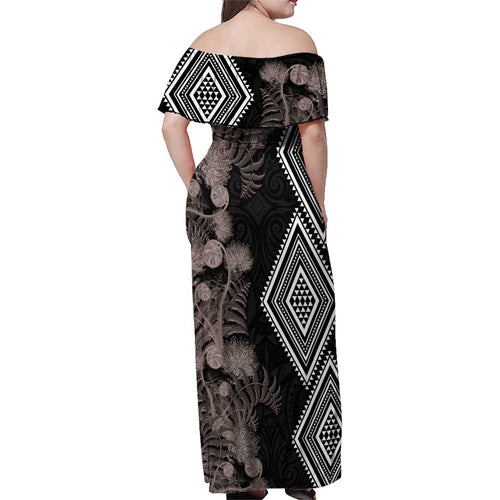 Aotearoa Tukutuku Motif Family Matching Off Shoulder Maxi Dress and Hawaiian Shirt Pohutukawa and Fern Leaves Grayscale Color
