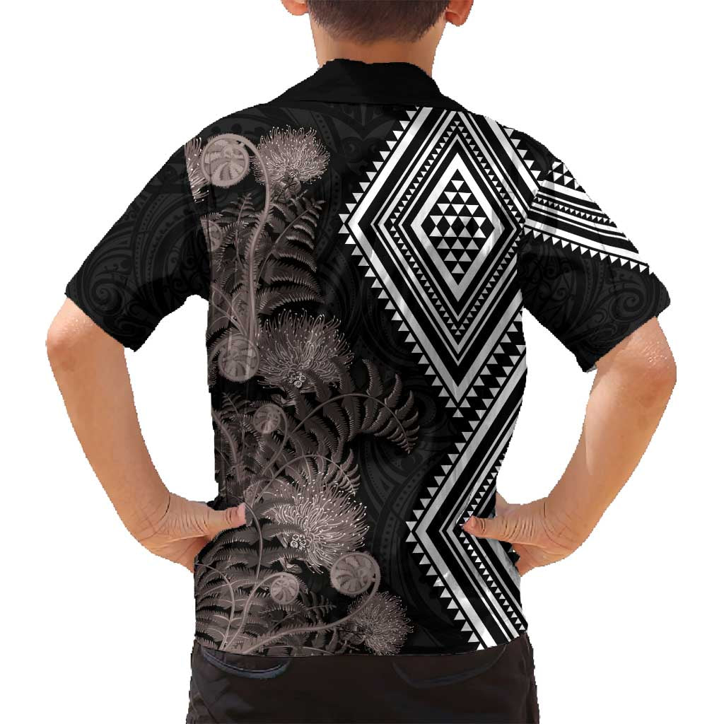 Aotearoa Tukutuku Motif Family Matching Puletasi and Hawaiian Shirt Pohutukawa and Fern Leaves Grayscale Color