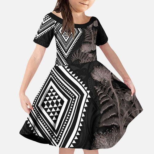 Aotearoa Tukutuku Motif Family Matching Puletasi and Hawaiian Shirt Pohutukawa and Fern Leaves Grayscale Color