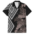 Aotearoa Tukutuku Motif Family Matching Short Sleeve Bodycon Dress and Hawaiian Shirt Pohutukawa and Fern Leaves Grayscale Color