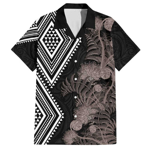 Aotearoa Tukutuku Motif Family Matching Short Sleeve Bodycon Dress and Hawaiian Shirt Pohutukawa and Fern Leaves Grayscale Color