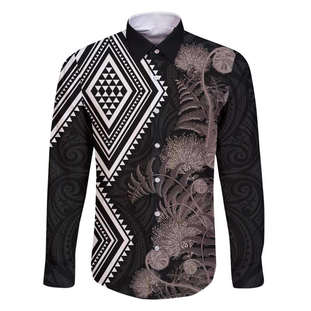 Aotearoa Tukutuku Motif Family Matching Tank Maxi Dress and Hawaiian Shirt Pohutukawa and Fern Leaves Grayscale Color