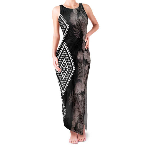 Aotearoa Tukutuku Motif Family Matching Tank Maxi Dress and Hawaiian Shirt Pohutukawa and Fern Leaves Grayscale Color