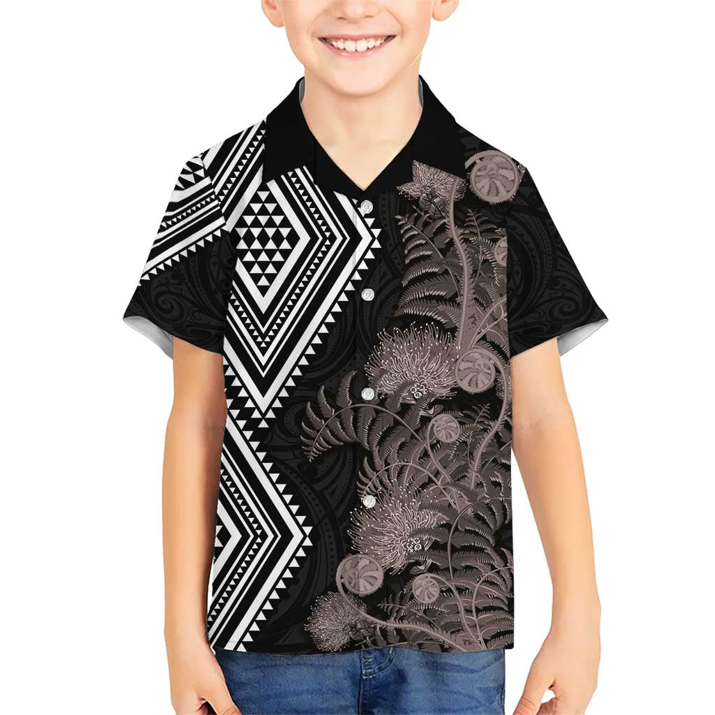 Aotearoa Tukutuku Motif Hawaiian Shirt Pohutukawa and Fern Leaves Grayscale Color