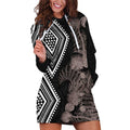 Aotearoa Tukutuku Motif Hoodie Dress Pohutukawa and Fern Leaves Grayscale Color