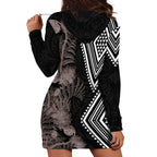 Aotearoa Tukutuku Motif Hoodie Dress Pohutukawa and Fern Leaves Grayscale Color