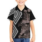 Aotearoa Tukutuku Motif Kid Hawaiian Shirt Pohutukawa and Fern Leaves Grayscale Color