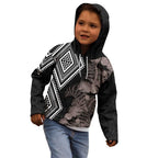 Aotearoa Tukutuku Motif Kid Hoodie Pohutukawa and Fern Leaves Grayscale Color