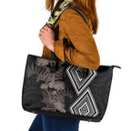 Aotearoa Tukutuku Motif Leather Tote Bag Pohutukawa and Fern Leaves Grayscale Color