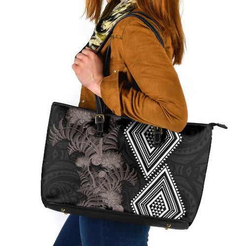 Aotearoa Tukutuku Motif Leather Tote Bag Pohutukawa and Fern Leaves Grayscale Color