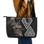 Aotearoa Tukutuku Motif Leather Tote Bag Pohutukawa and Fern Leaves Grayscale Color