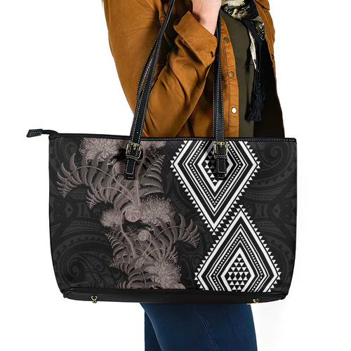 Aotearoa Tukutuku Motif Leather Tote Bag Pohutukawa and Fern Leaves Grayscale Color
